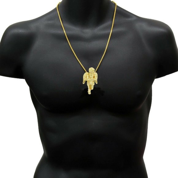 New 18k Gold Angel 24" Cuban Chain + Pendant - Picture 1 of 5